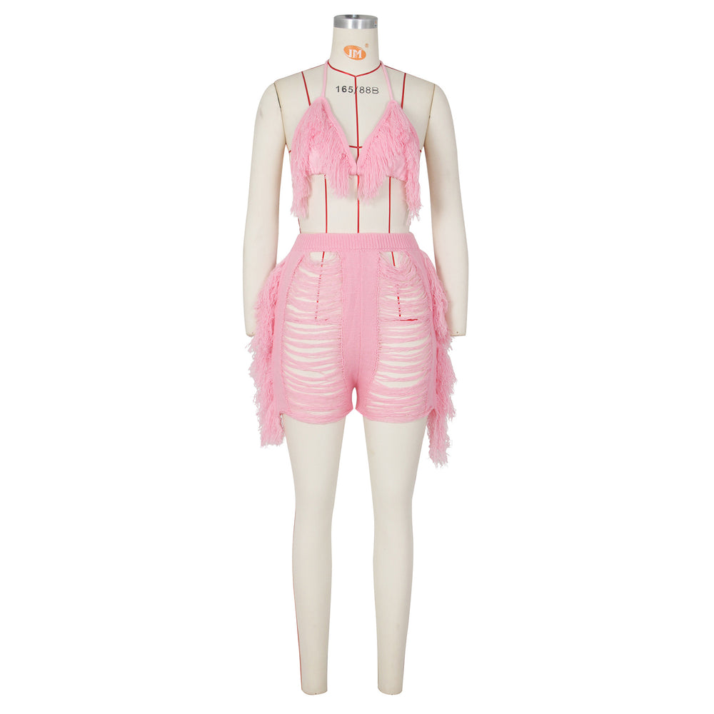 e-commerce source factory european and american sexy women's fashion knitted tassel beach shorts cup suit