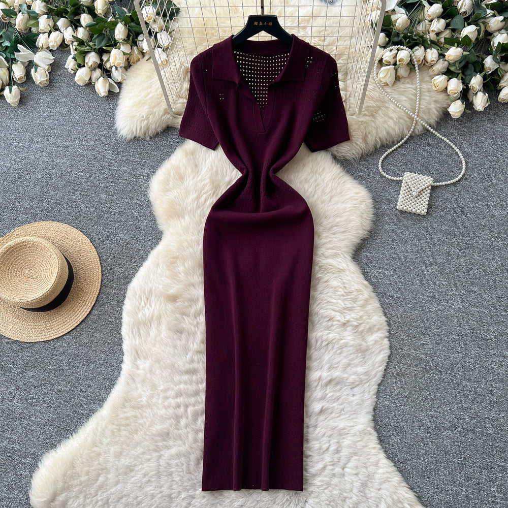 Korean style commute-ready knitted bodycon dress - women's summer short sleeve slimming a-line maxi dress - sophisticated & elegant