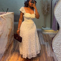 European and american cross-border women's fashion:  summer new arrival - elegant square neck, high-waisted, lace a-line midi/maxi short-sleeve dress