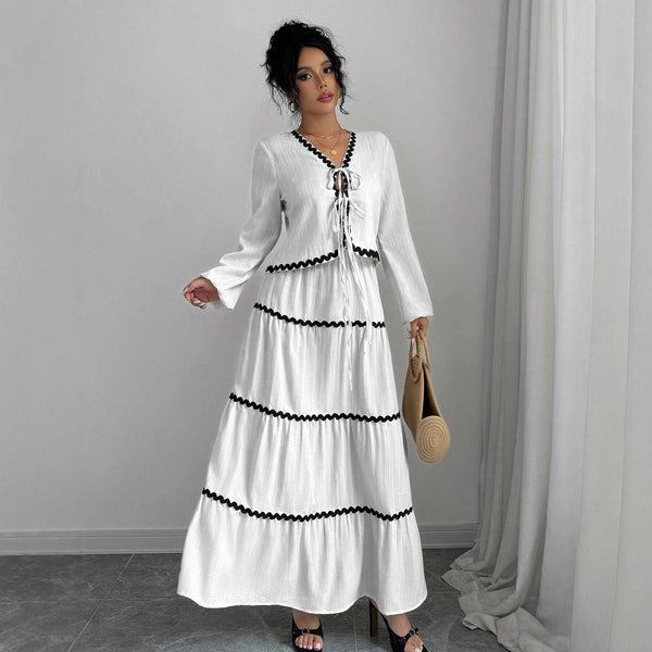 Spot Cross-border 1688  Ladies Elegant Holiday Style Long Sleeve Lace A-shaped Skirt Set