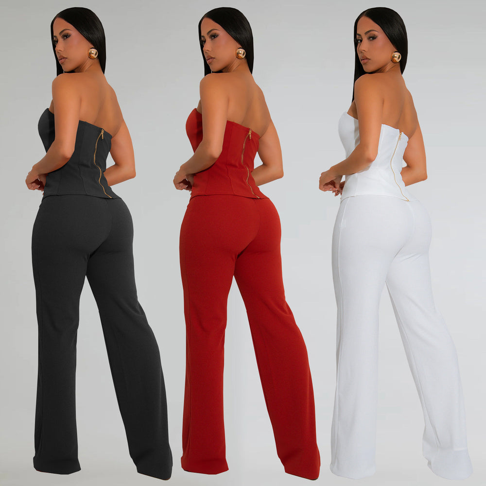 C7367 cross-border   fashion women's sexy bandeau gold buckle wrap-around arm pants two-piece set