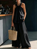 european and american  spring/summer new arrival: halter top cotton linen retro high-waisted loose casual set for women