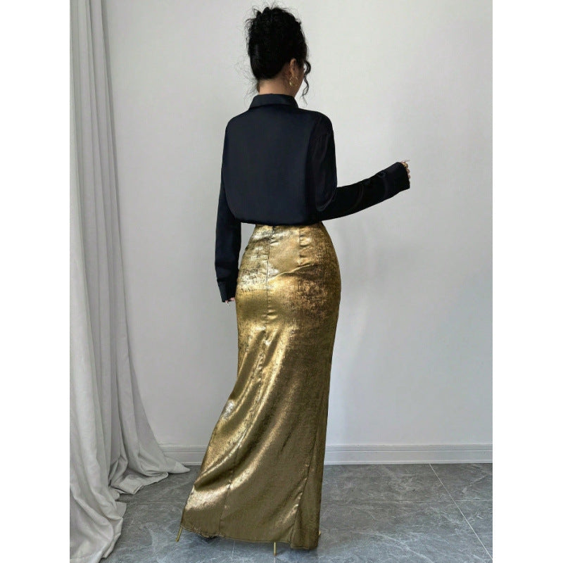 Women's two-piece set: long-sleeve button-down shirt and metallic high-waisted slit maxi skirt outfit, perfect for a night out