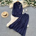Gentle and lazy style stereo flower embroiderlong sleevesshirt suspender skirttwo-piece setfemaleautumslimming lookelegant