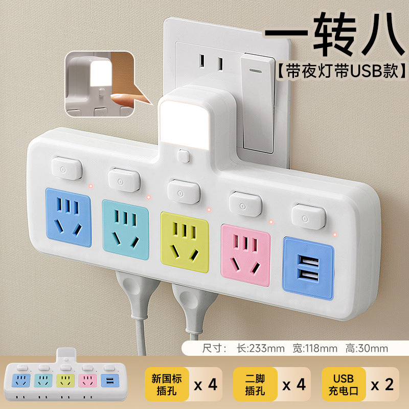 Multi-port usb charging power strip with surge protection, overload protection, five-outlet expansion, independent switches, and bedside night light