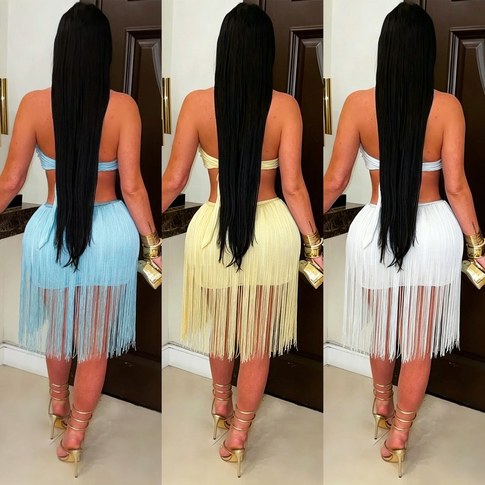 C7741 cross-border    new women's bandeau tassel mini dress nightclub party dress