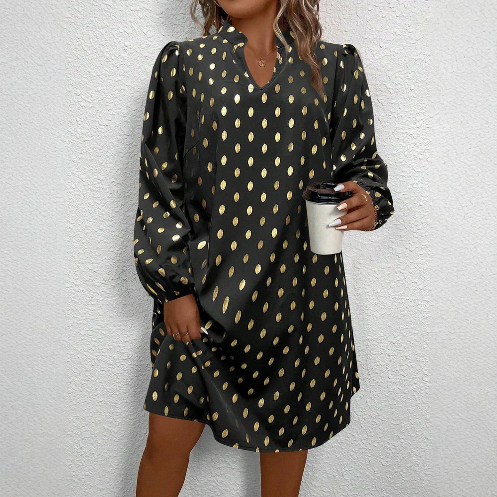 Casual stand-up collar hot stamping polka dot straight-leg skirt casual lantern sleeve casualwork clothing women's clothing 1688 supply