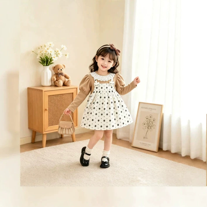 Girls' dress - trendy  new style - baby girl faux two-piece dress - princess style cute polka dot dress