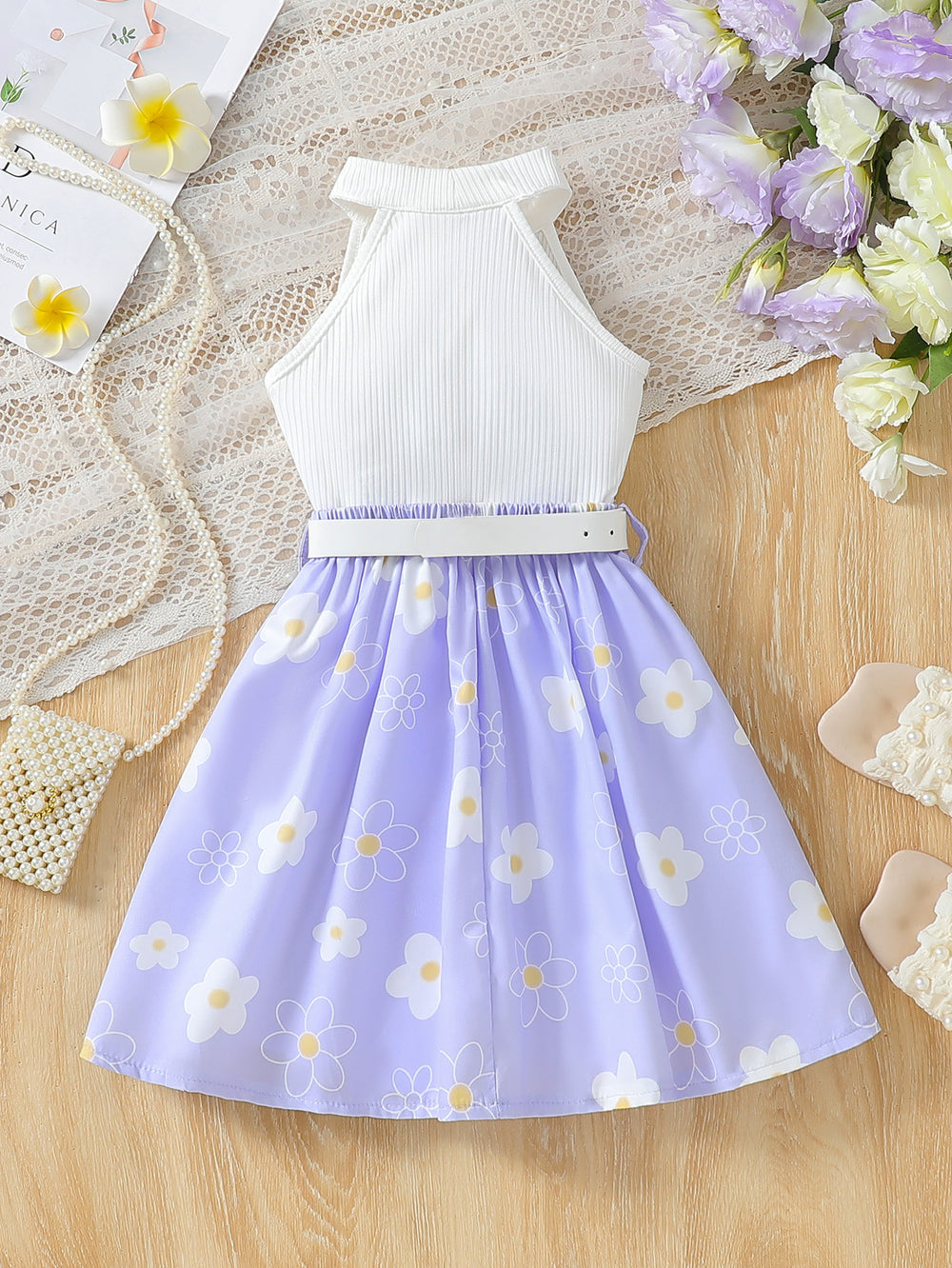 Summer girls' sleeveless halter top with purple floral print pleated skirt and belt - children's dress for export