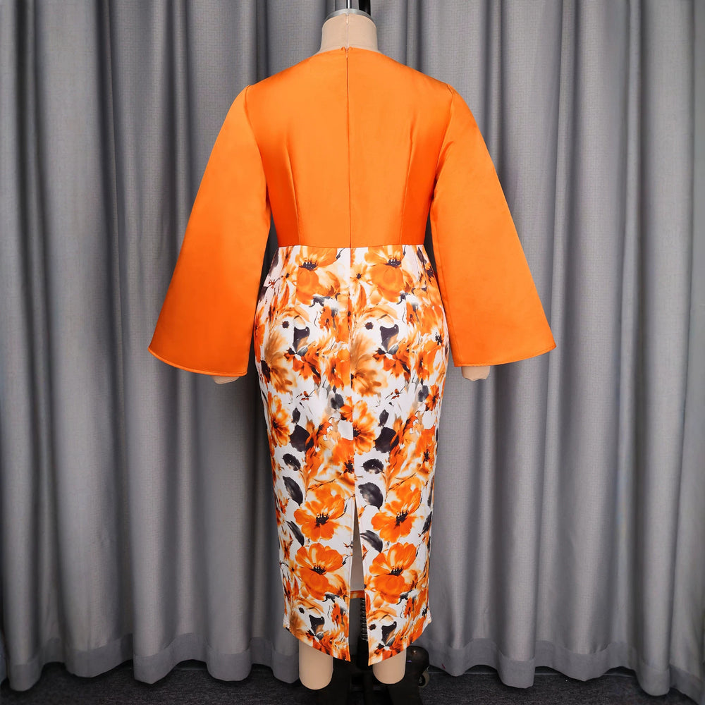 Evening elegance formal dress - printed patchwork flared sleeve cinched waist tie-up bow slim fit dress
