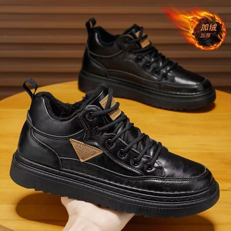 Fleece-lined men's shoes 2025new arrival autumn winter high-top sneakers men's leather heattechthickened cotton shoes low-top boots
