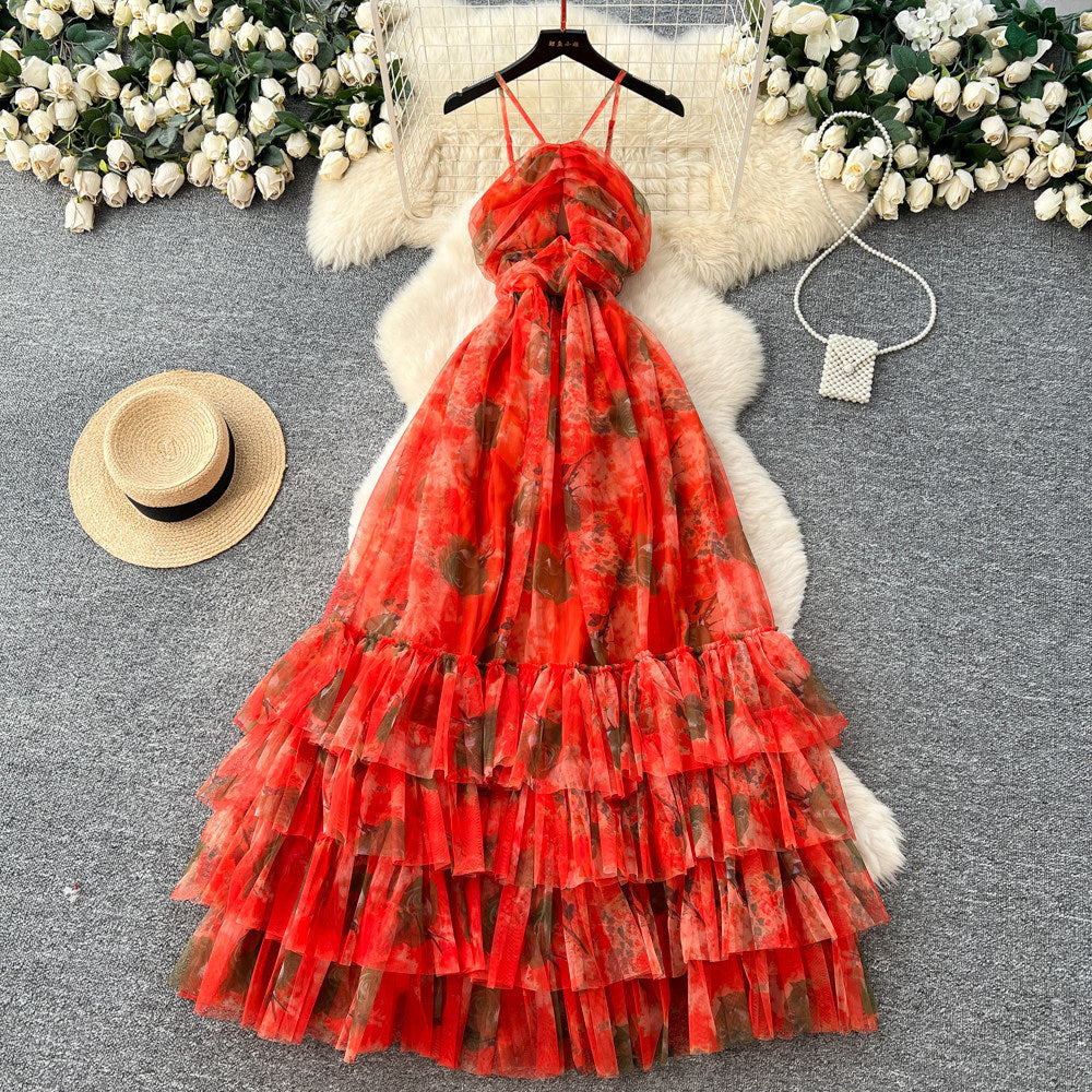 Vacation style halter sleeveless printingdress women's spring summer breathable layered mesh cake skirt slimming look long skirt