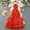 Vacation style halter sleeveless printingdress women's spring summer breathable layered mesh cake skirt slimming look long skirt