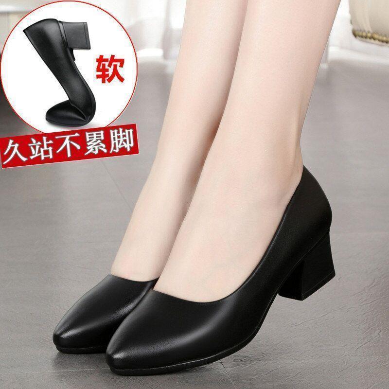 Spring autum work shoes black professional women's flats women's low-heeled leather shoes women's mid-heeled workwear formal wear short-heeled stewardess women
