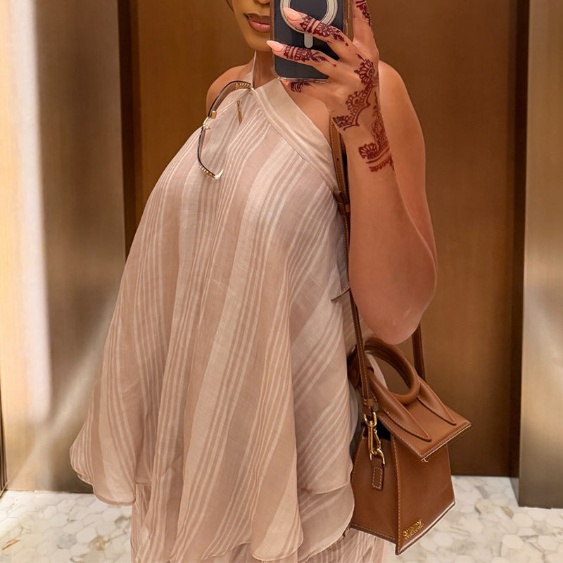 European and american cross-border women's fashion:  summer new collection - halter neck irregular camisole top and wide-leg pants set