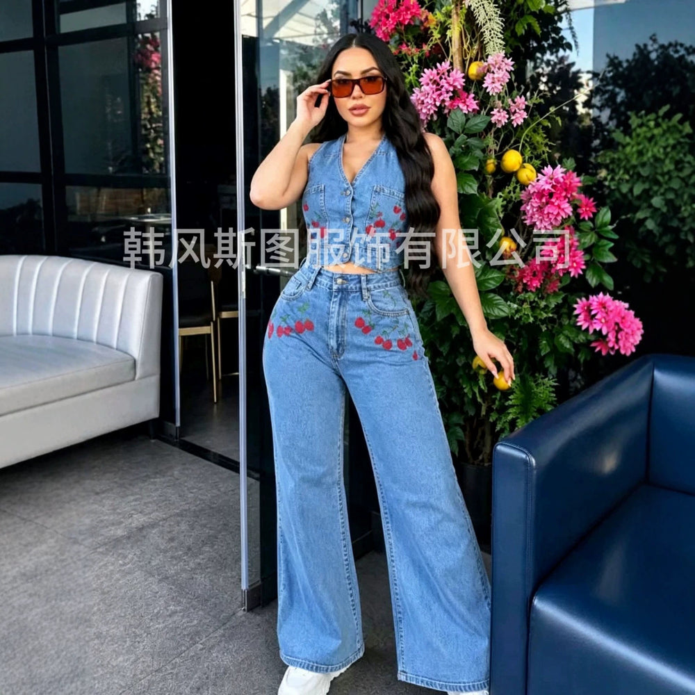 European and american cross-border e-commerce  summer new fashion casual sleeveless printed vest denim pants set wide-leg pants