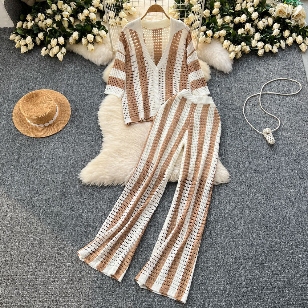 Women's summer v-neck loose knit cardigan top + wide leg pants set - color block striped cutout outfit