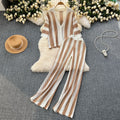 Women's summer v-neck loose knit cardigan top + wide leg pants set - color block striped cutout outfit