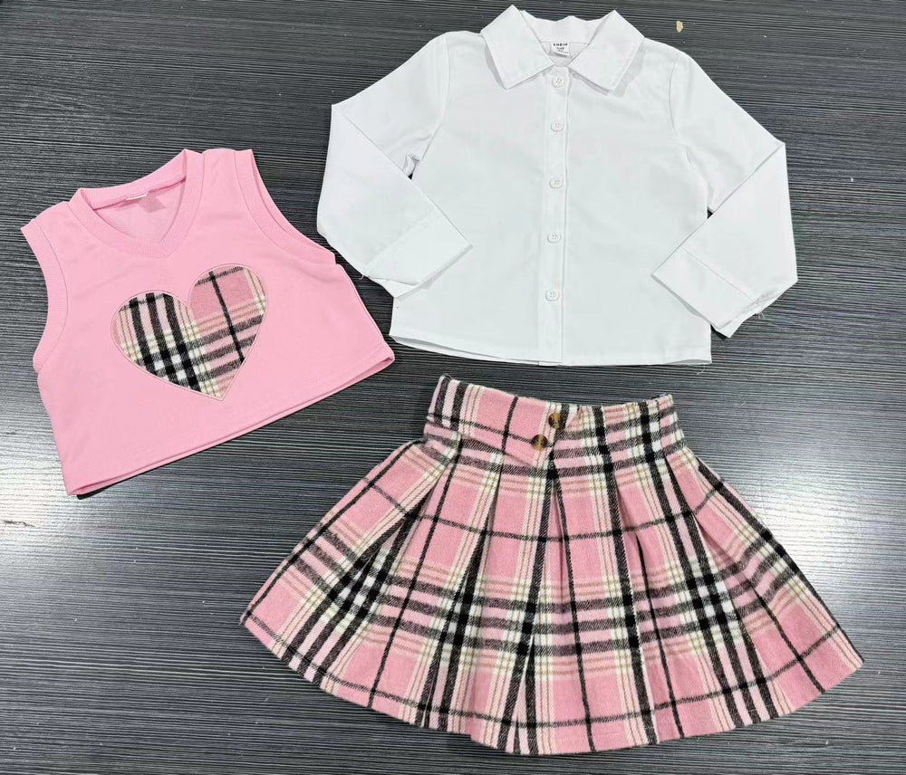 new summer cross-border girls' collared shirt, plaid patchwork skirt three-piece set