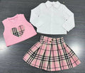 new summer cross-border girls' collared shirt, plaid patchwork skirt three-piece set