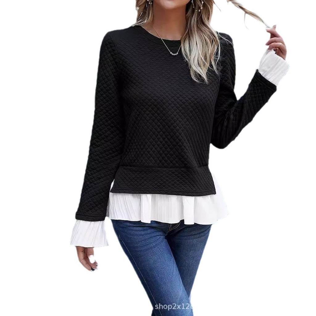 Cross-border women's clothing Shein  Europe and America 2024 spring and summer casual solid color round neck fashion sweater lace long sleeve