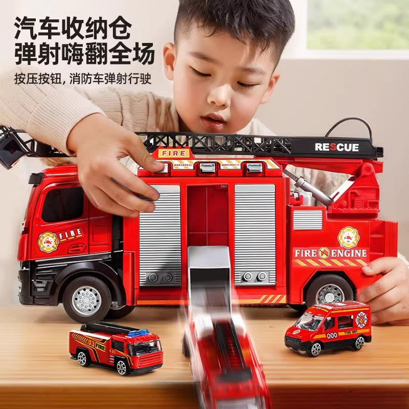 Sam's club style rescue fire truck - multifunctional parking garage with storable water spray, ejection ladder, and police car toy