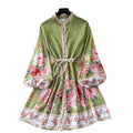 High-end elegancedress women's autumn clothing fashionretro palace stand collar lantern sleeve printing waist slimming look a-line skirt