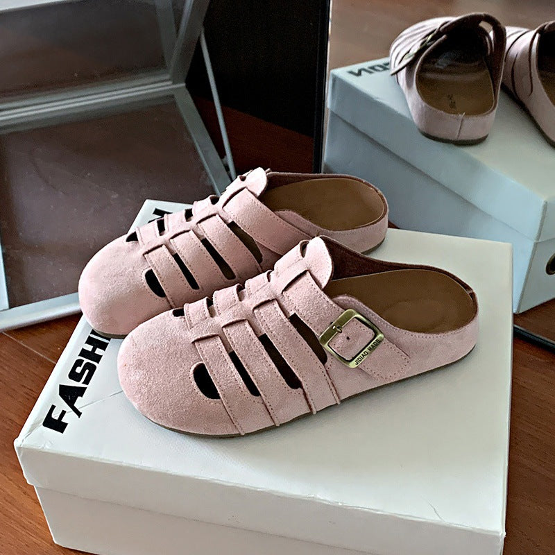 Retro piggyback birkenstock shoes women's easiest for match2026new arrivalspring and summeroutwear slip-on lazy cut out toe-cap half slippers