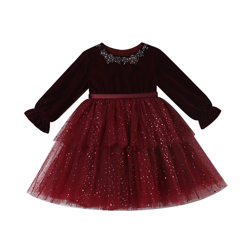 Girls' red tulle dress - long sleeve, puffy princess style, fleece-lined, thickened, spring/autumn dress for little girls