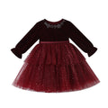 Girls' red tulle dress - long sleeve, puffy princess style, fleece-lined, thickened, spring/autumn dress for little girls