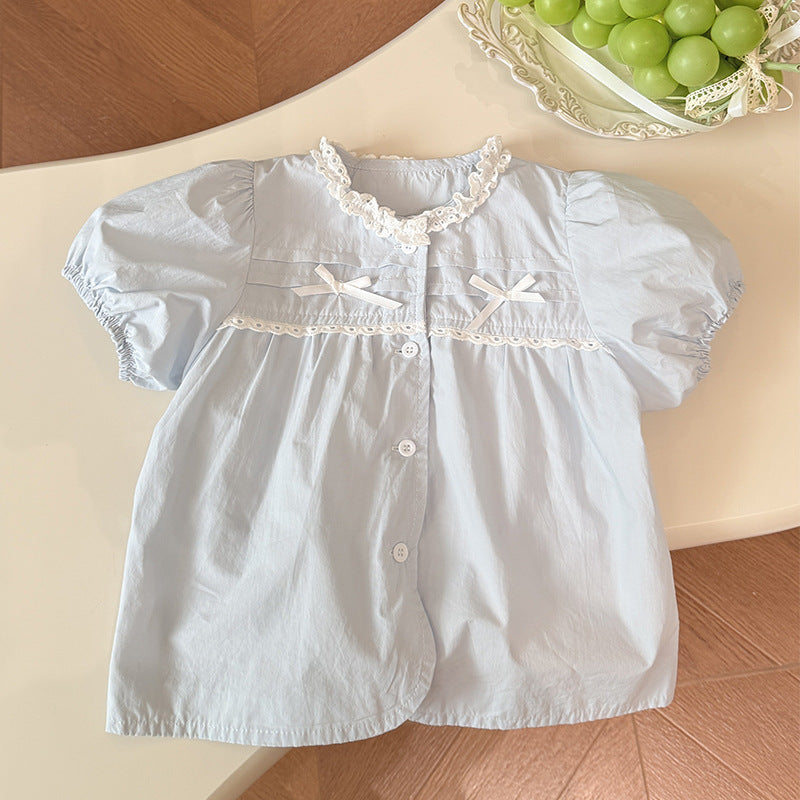 Summernew arrivalgirl pure cotton lace collar shirt k-stylekidsfashion style short-sleeved baby girl trendy children's clothing
