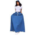 European and american style denim skirt  cross-border women's fashion washed pure color drawstring high waist lotus leaf long skirt