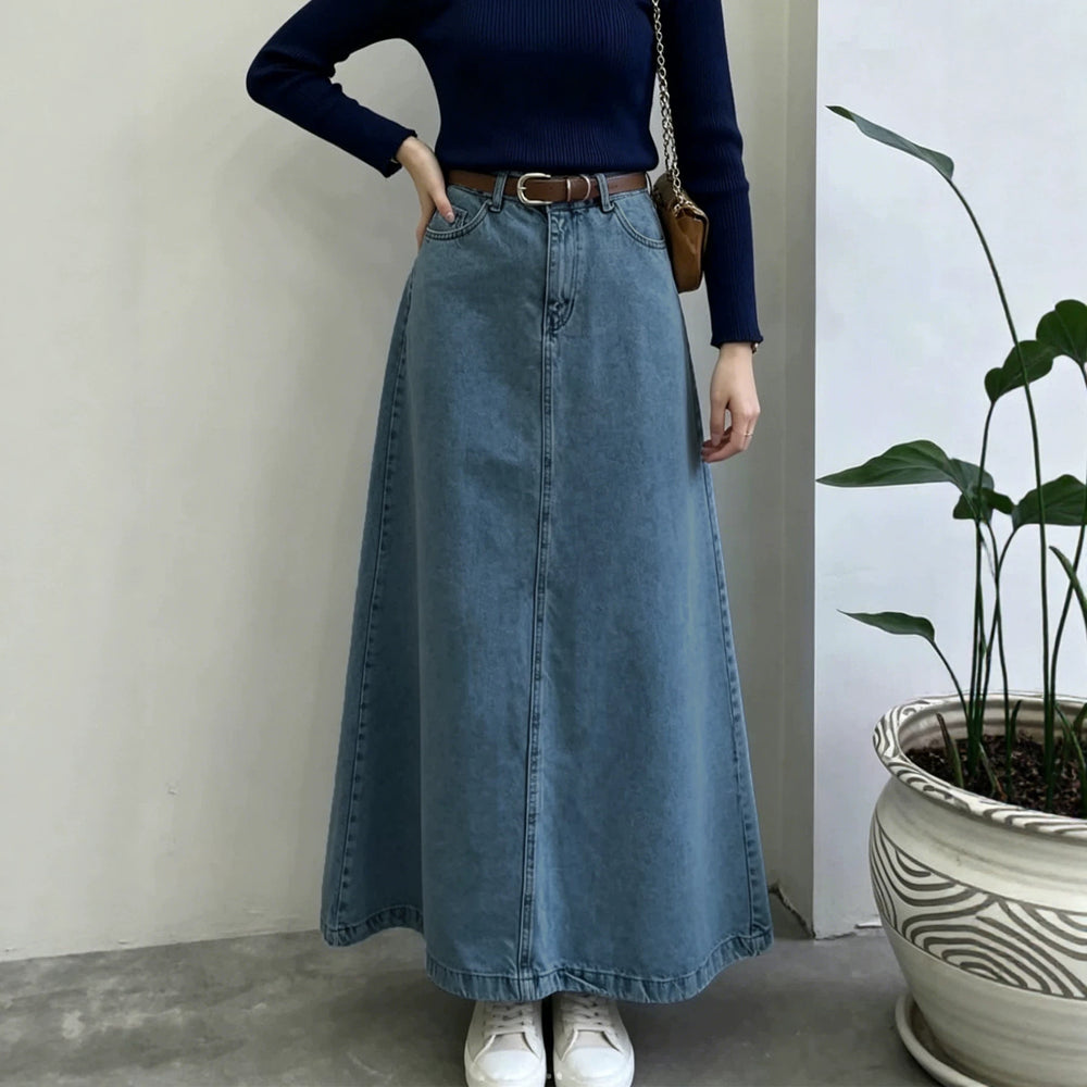 Vintage blue washed midi skirt - women's high-waisted a-line denim skirt - casual, versatile, slimming, non-stretch maxi skirt