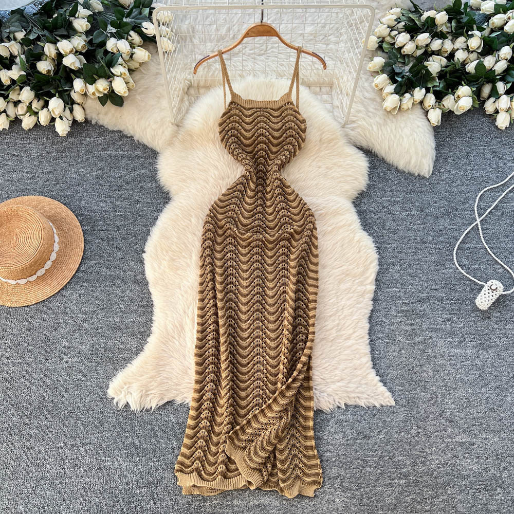 Sexy hot girl knitting sleeveless suspender dress female summer k-stylecut outslimming lookbacklessknitting long skirt