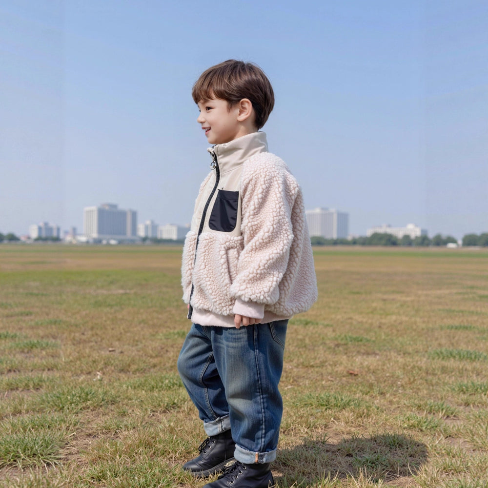 Children's winter cotton-padded jacket: unisex baby loose-fit patchwork lambswool fleece-lined sweatshirt, thickened warm outerwear