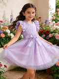 Exportgirl light purple pit strips flying sleeves gradient star mesh skirt summerkidsbows princess dress trendy