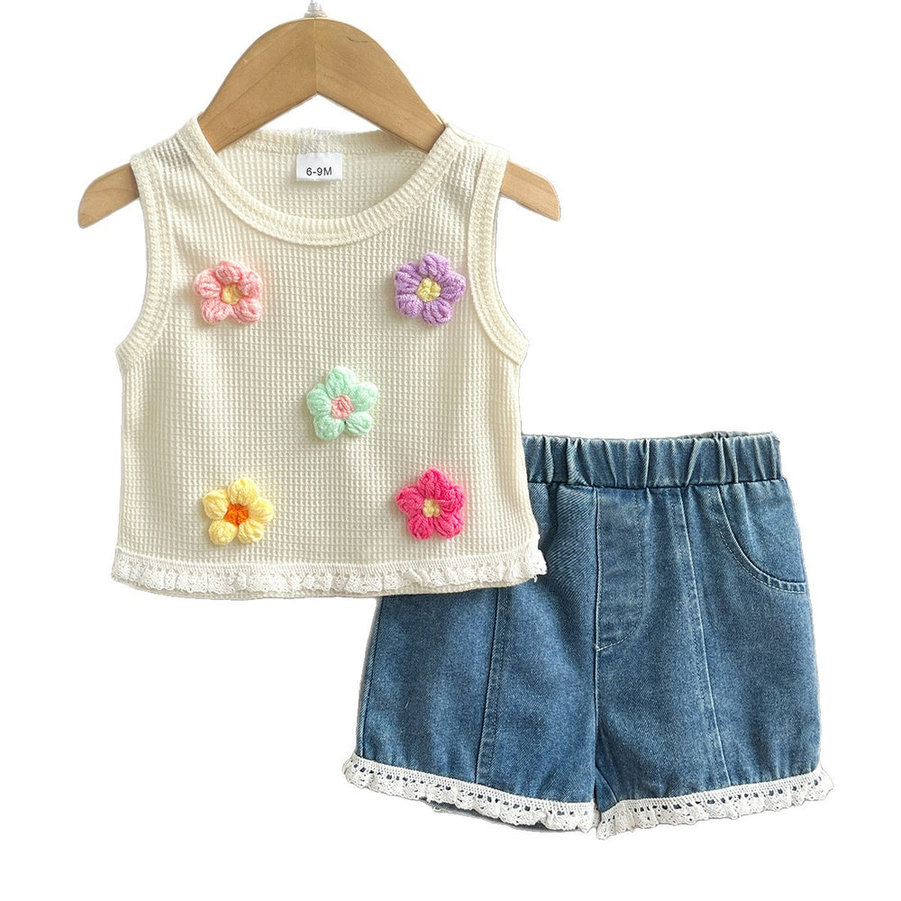 Baby clothing kids set children outfit apricot vest + shorts two-piece set