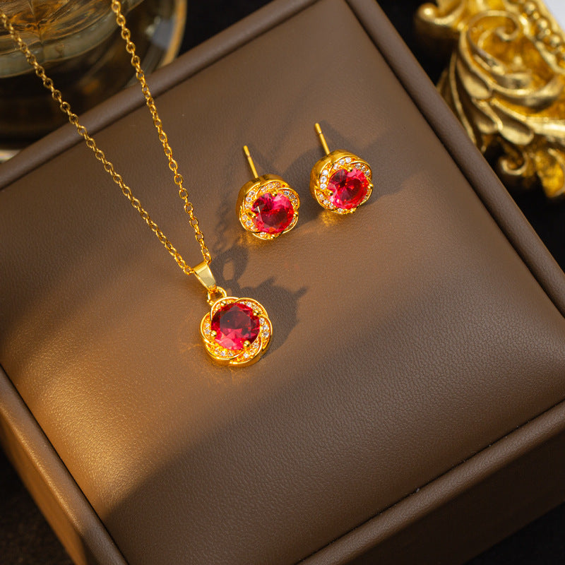 [titanium steel] necklace female internet celebrity red zircon geometric niche fashion design pendant elegant suit titanium steel necklace