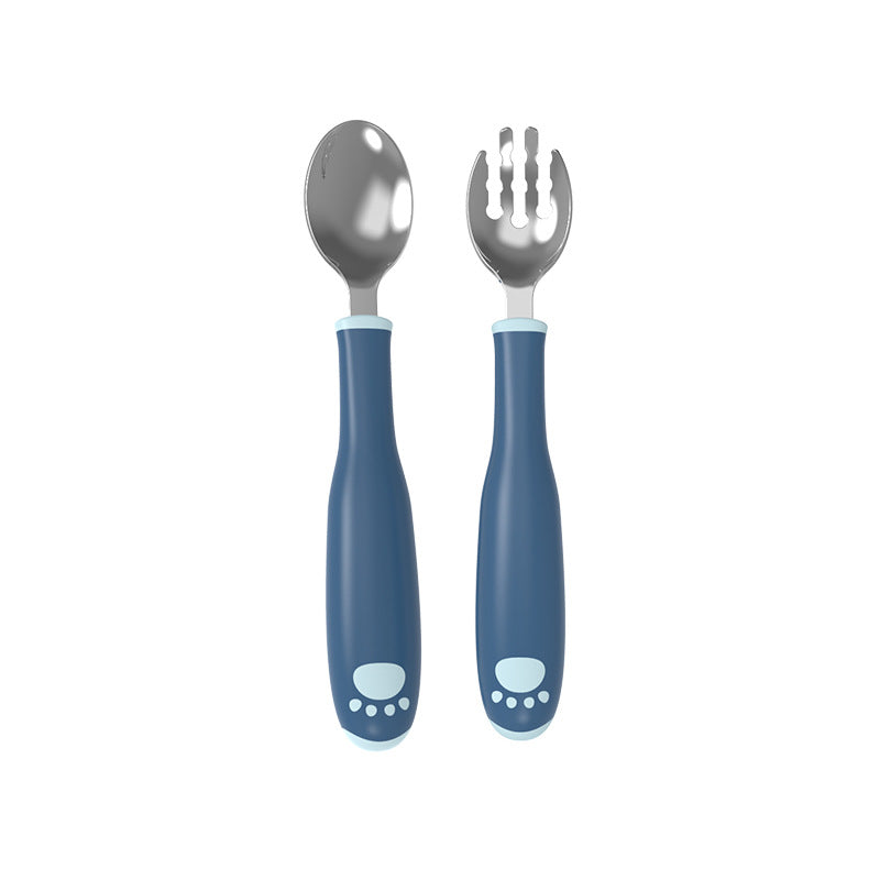 Private label custom stainless steel fork and spoon set - baby bendable training fork and spoon feeding set for weaning and learning to eat