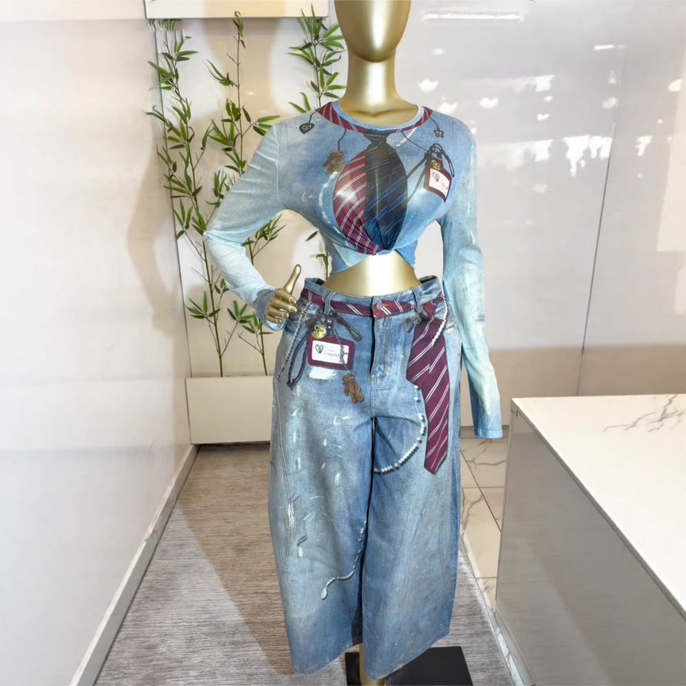 European and american cross-border women's spring  new arrival: elegant round neck printed long sleeve t-shirt and wide leg jeans set