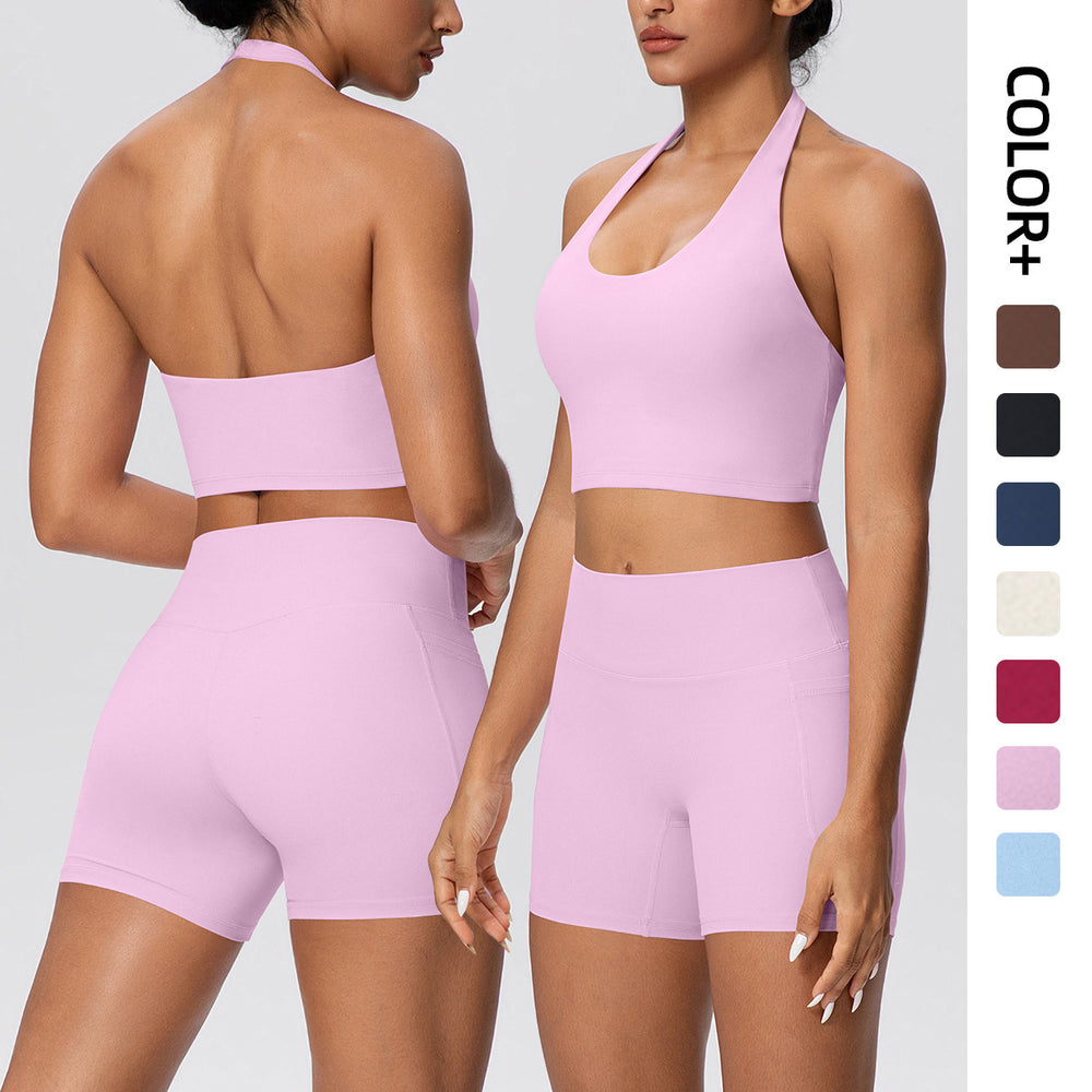 New arrivalnude halter back high waist hip pocketshorts yoga wear tight sports suit running fitness wear