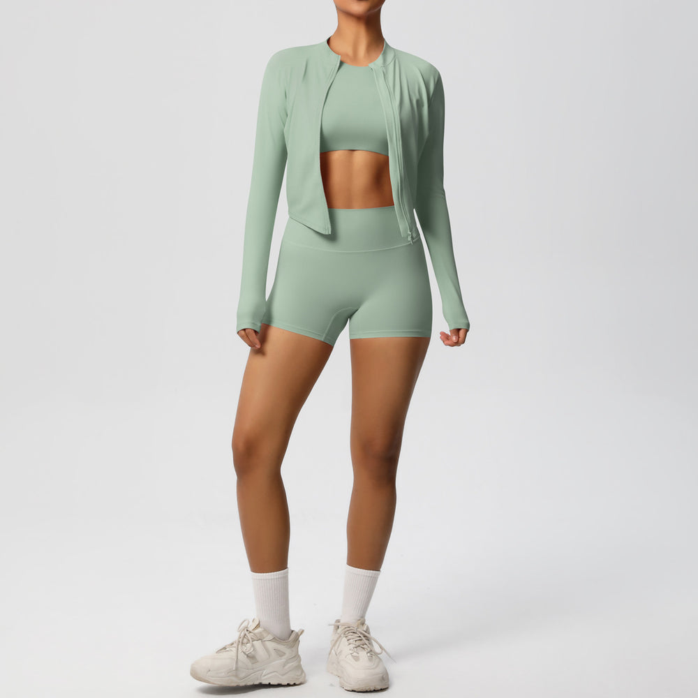 New arrival: solid color, barely-there feel, brushed long-sleeve outerwear, slim-fit three-piece activewear set for running, fitness, and yoga