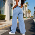 Fashionjeans women's light blue washed elastic waist loose pants casualdrapedloosestraight-leg denim pants