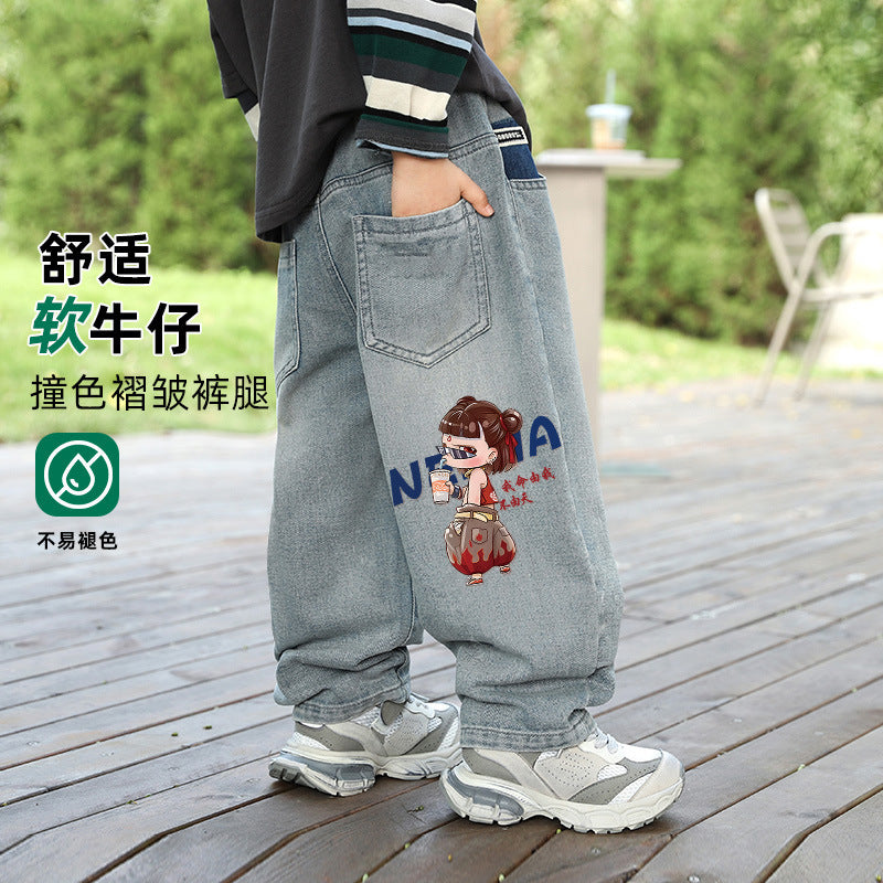 Nezha boys' jeans spring collection: mid-to-large size straight-leg, loose-fit trousers,  new style, scimitar pants, trendy