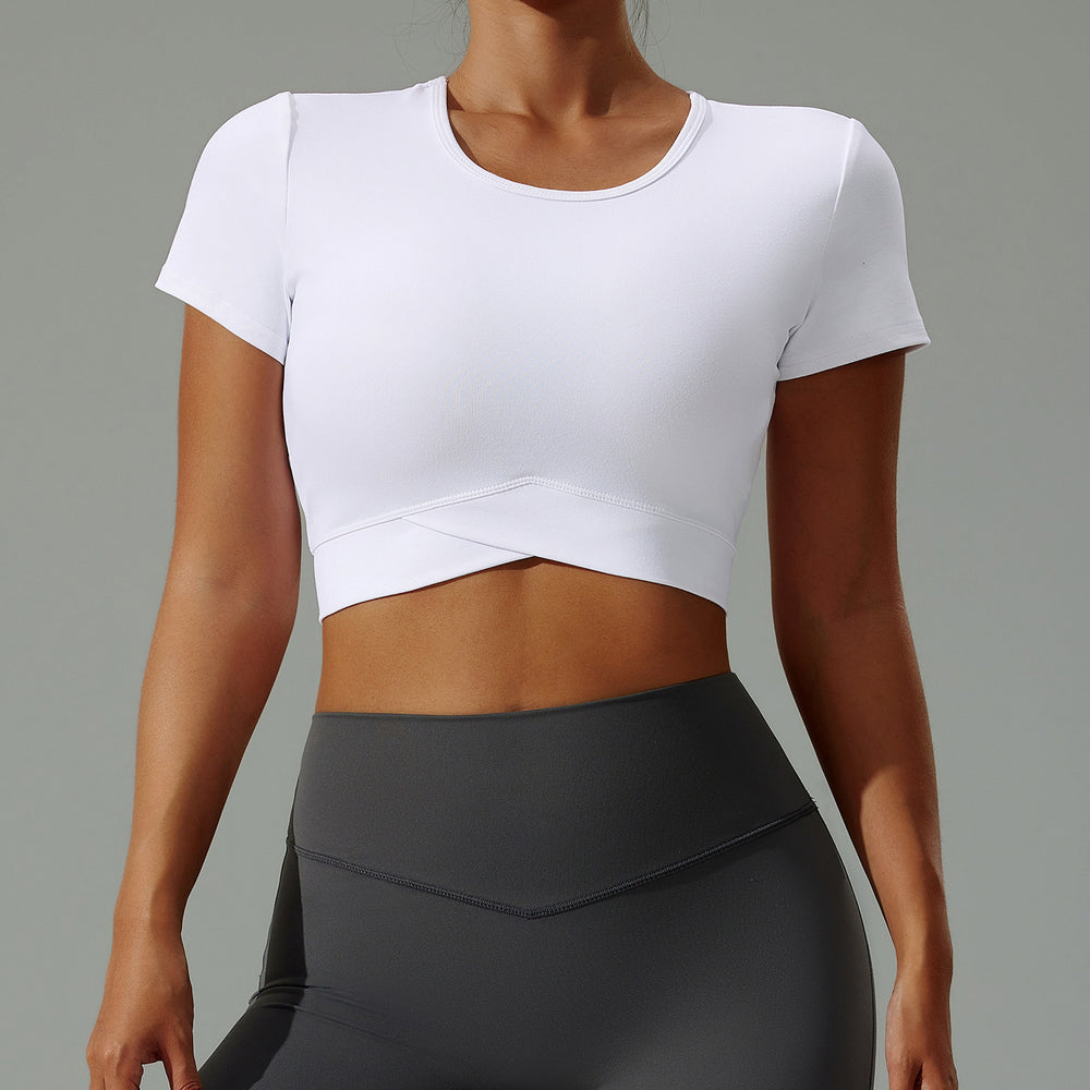 new arrival yoga wear t-shirt women's summersexy navel-baring round neck fitness wear short-sleeved high-elastic breathable sportswear