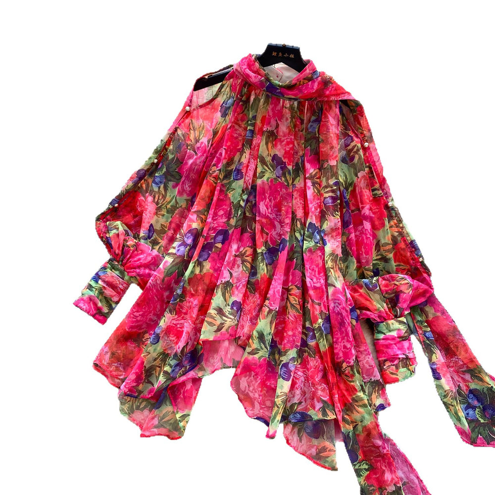 French romantic style breathable floral print shirt for women - long sleeve, loose fit, slimming, bow detail, cardigan style, perfect for work