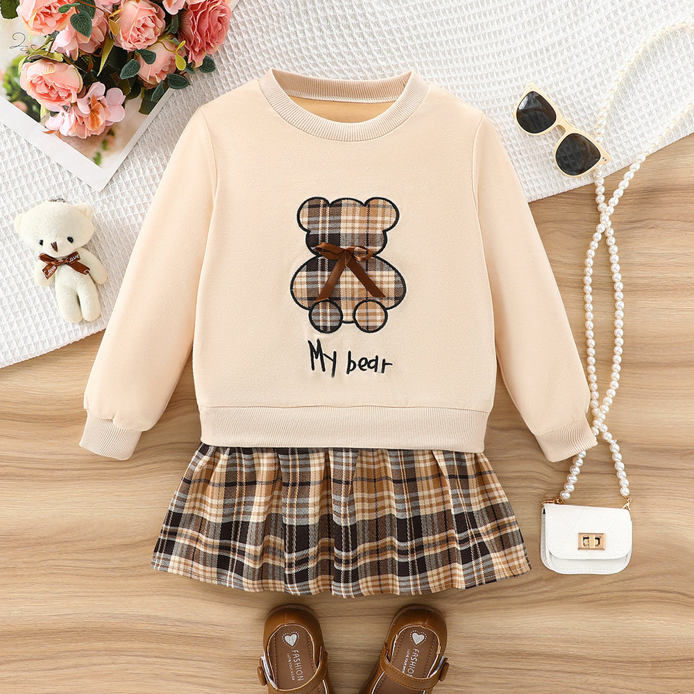 Autumn cross-border girls' sweatshirt - teddy bear, plaid, bow, crew neck, long sleeve top - kids' pullover