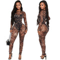 C7541 cross-border   fashion women's sexy leopard print mesh see-through jumpsuit