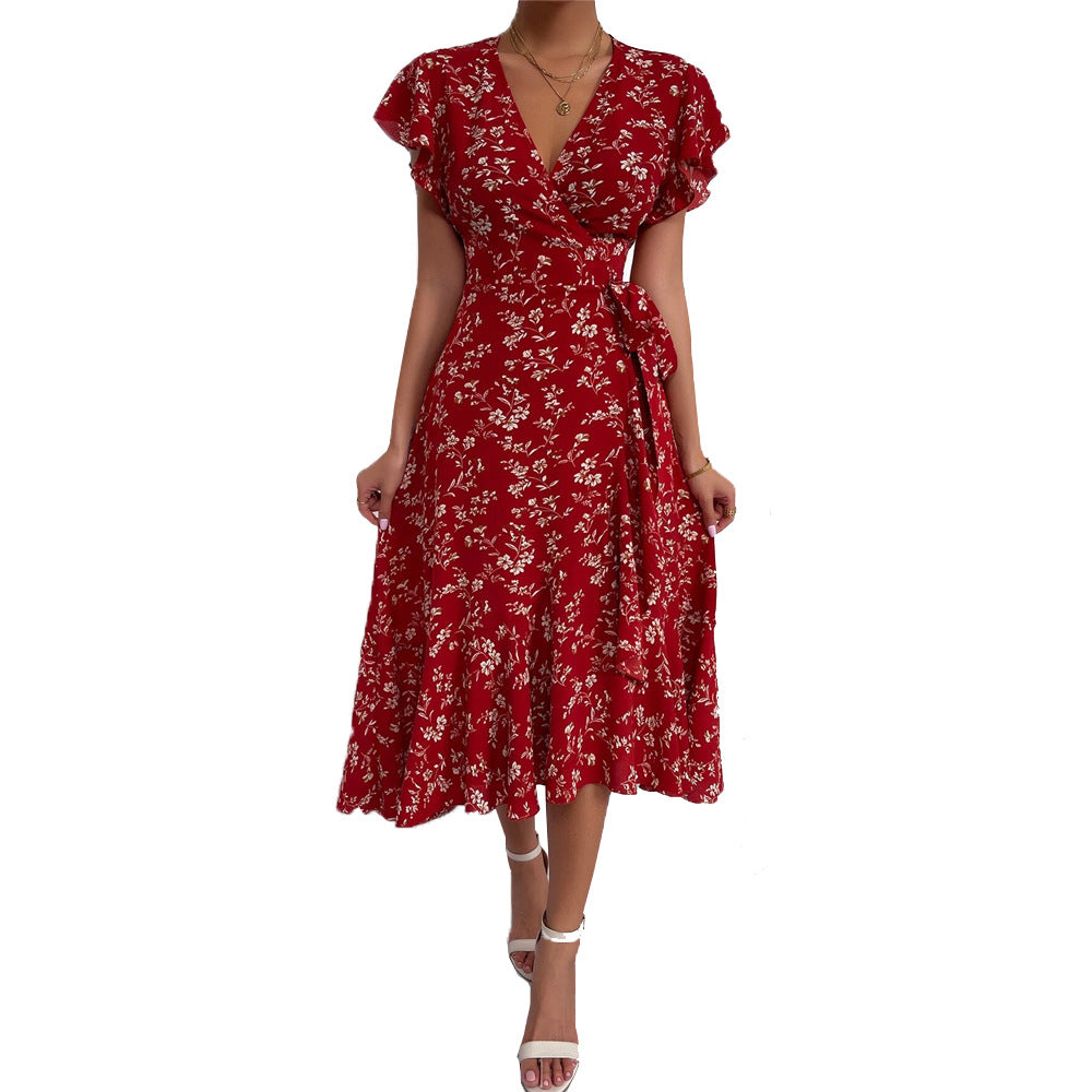 Amazon  european and american cross-border women's sexy deep v lace-up waist bestseller floral print vacation maxi dress