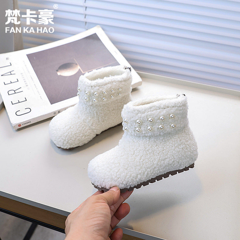 Vancahao girls' fashion pearl snow boots - new  winter collection - kids' double-layer cotton warm fuzzy ankle boots for babies